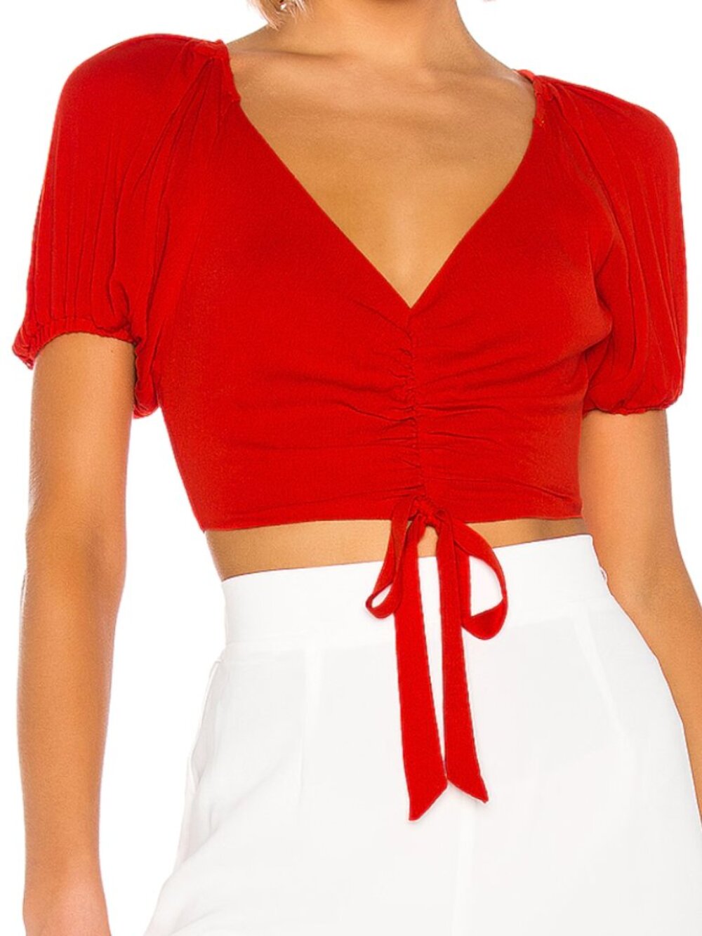 Superdown Red Ruched Tie Front Puff Sleeve Crop Top XS